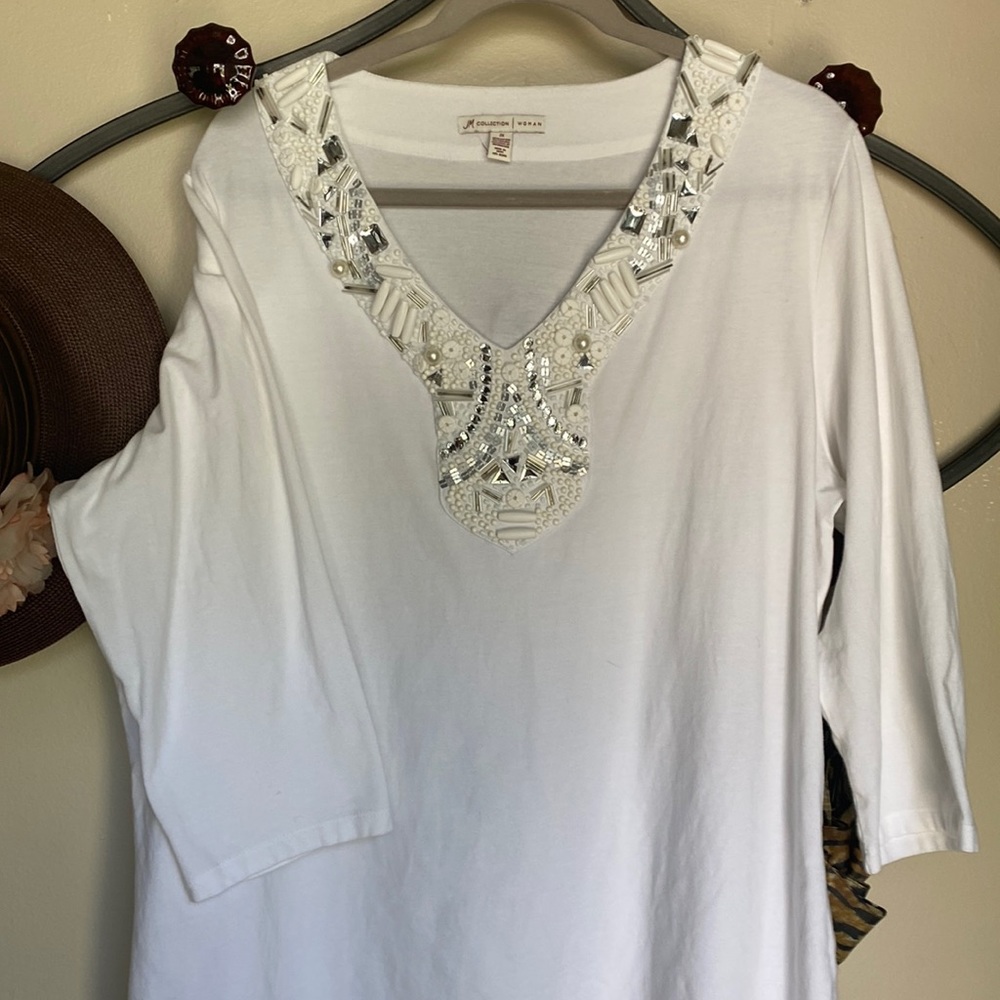 JM Collection woman beautiful beading shirt.
